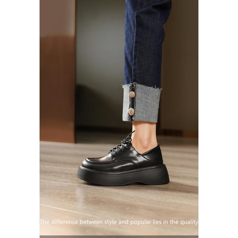 2025 autumn and winter big round head muffin sole single shoes leather lace-up black college style poetry small leather shoes women