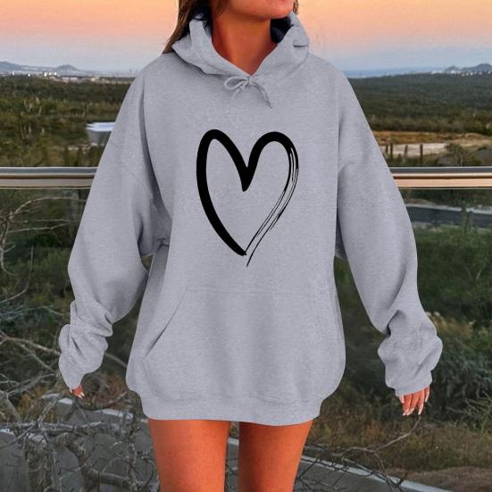 Women's Heart Print Hoodies Fall Long Sleeve Drawstring Pullover Top Oversized Fleece Lined Sweatshirt with Pocket