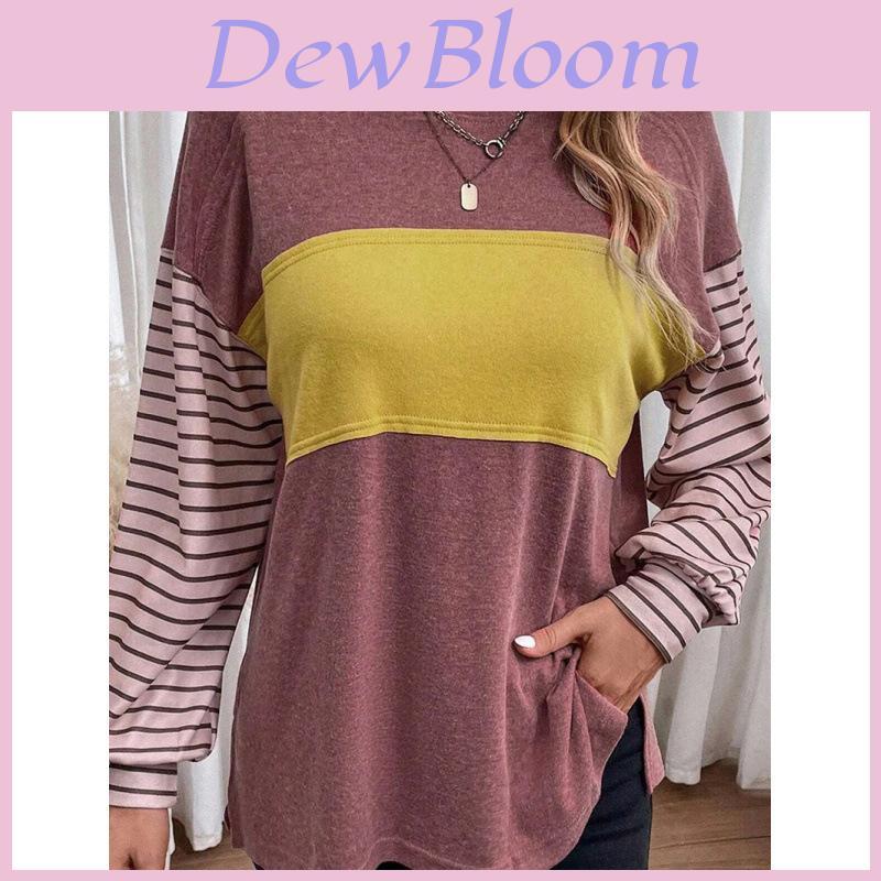 Polyester Striped Casual Long Sleeve T Shirt For Women With Color Block Design For Spring