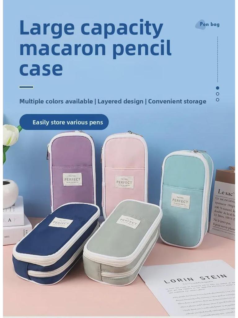 Macaron Colorblock Large Capacity Art Student Pencil Case - Double Layer Oxford Cloth Paintbrush Storage Bag