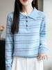 2025 Fall Women's Pure Wool Casual Stripe Polo Collar Long Sleeve Sweater