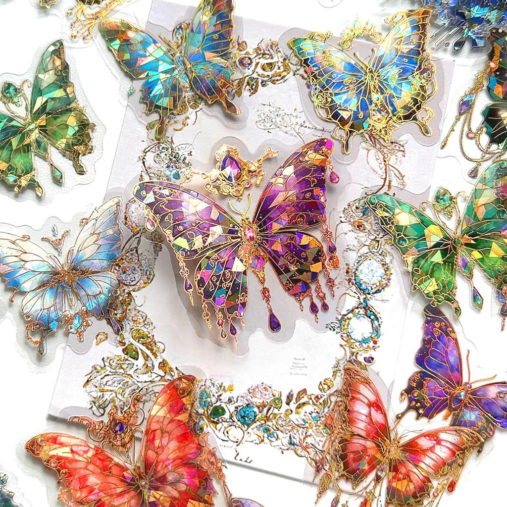 120 Pieces With 6 Themes Butterfly Stickers Set -Gorgeous Crystals Holographic Transparent Resin Waterproof Sticker Decals