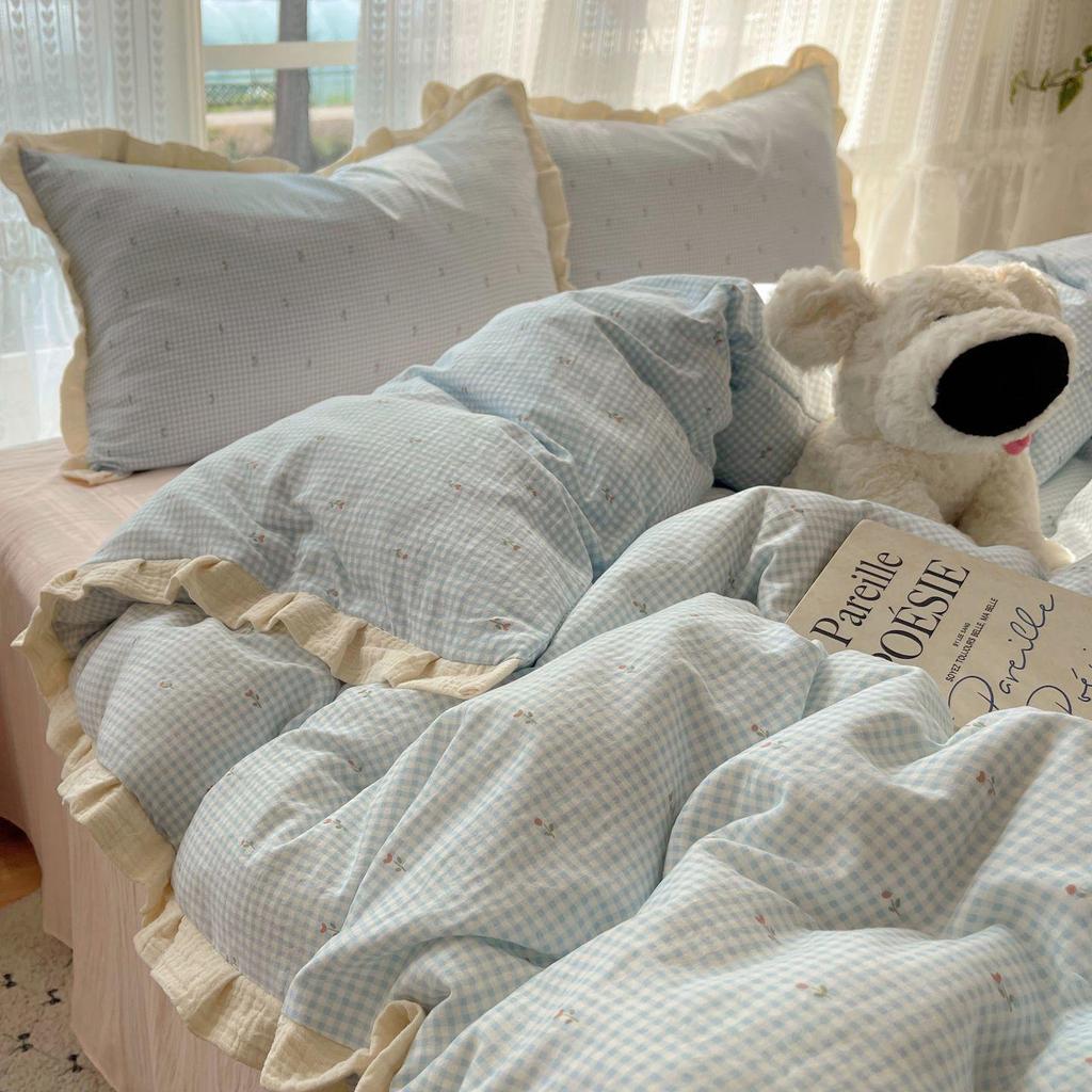 G5Z Ruffle Edge Washed Cotton 4-Piece Duvet Cover Set - Super Soft for Dorms & All Seasons