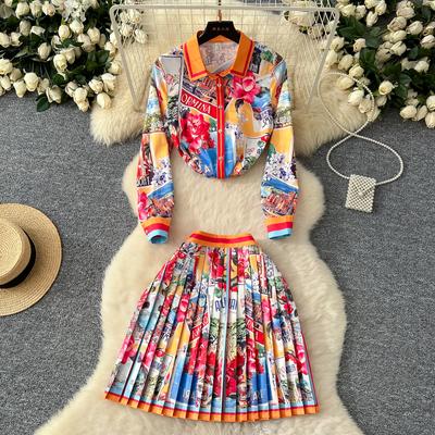 Spring Summer Designer Runway Print Letter 2 Piece Set Women's Lapel Shirt + Mini Short Pleated Skirt Office Party Suits