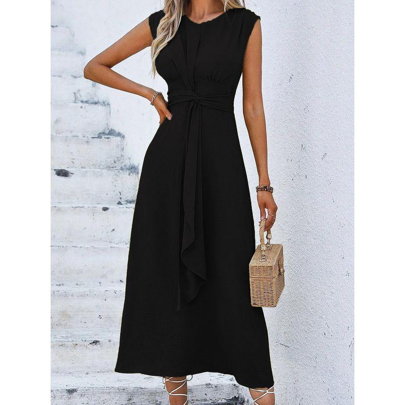 

Summer European and American Fresh Fashion Women clothes Solid Waist Hugging Lace-up Long Sleeveless Dress Green Black L