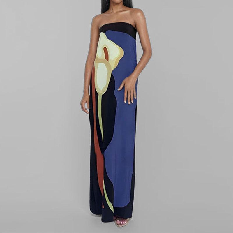 2026 Spring European & American Women's Off-the-Shoulder Sleeveless Backless Printed Dress