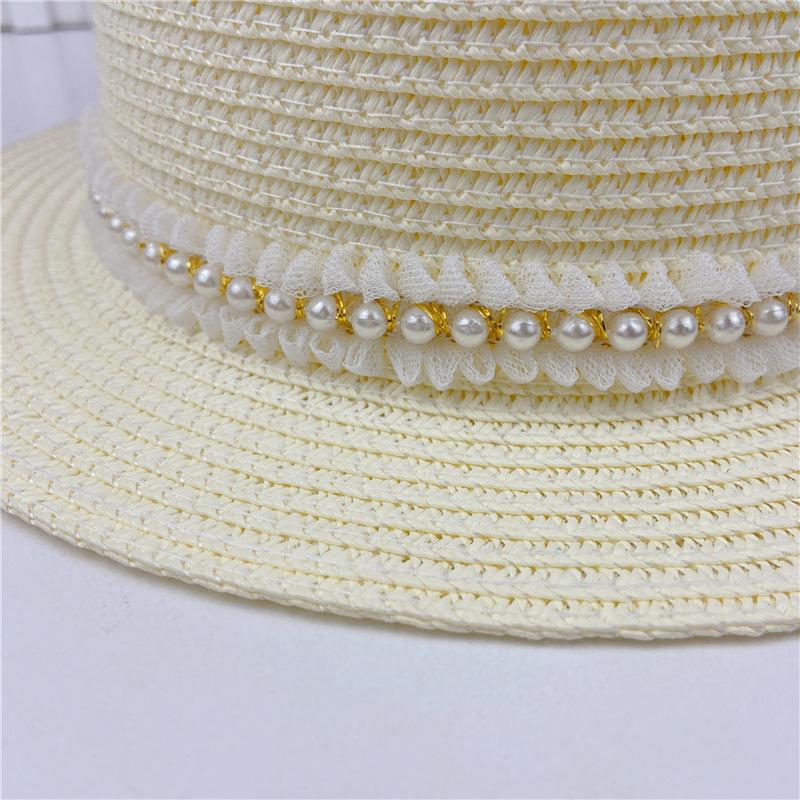 Summer small eaves straw weaving flat top flat eaves lace pearl bead grass hat sunscreen travel Internet celebrity women's Xiaoxiang style