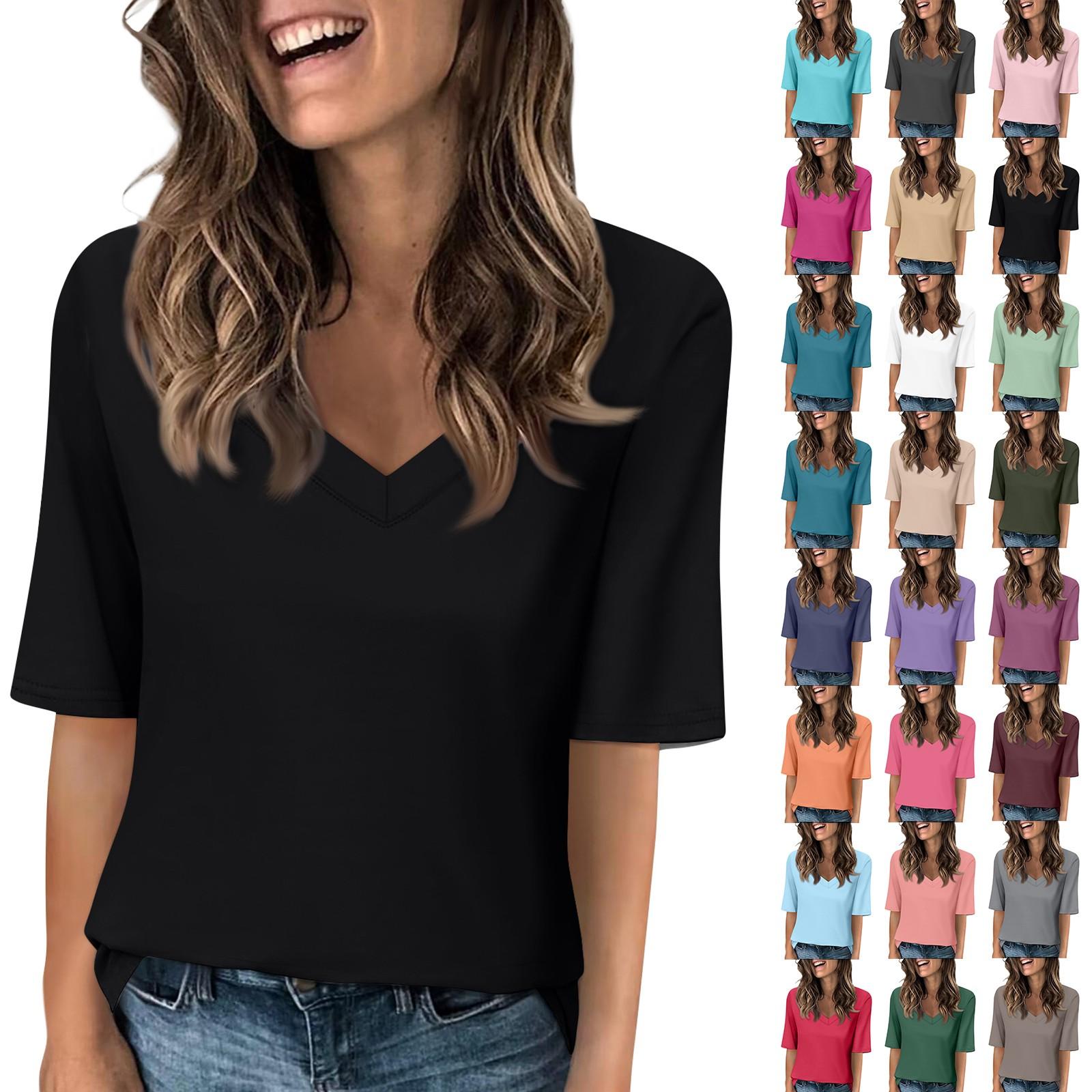 

Женские однотонные футболки с V-образным вырезом, топы с рукавом три четверти, принтованные повседневные летние футболки, футболка-блузка XL