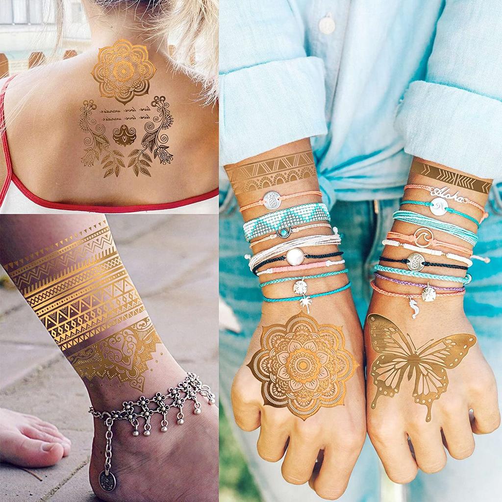 9 Sheets Flash Temporary Tattoos Metallic For Women Girl Golden Lion Sun Moon Star Butterfly Glitter Tattoo Sticker Fake Tatoos