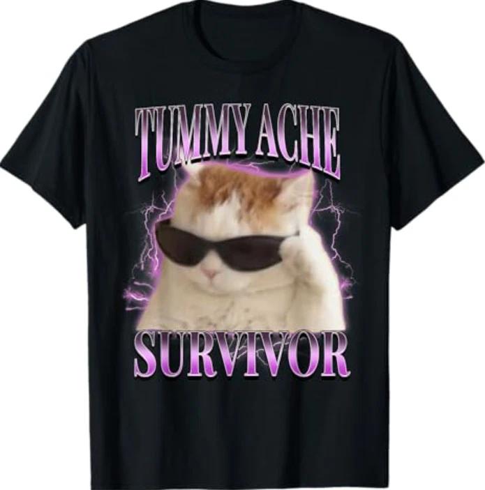 I Survived Today s Tummy Ache Silly Cat Meme Funny Cats T-Shirt 2XL