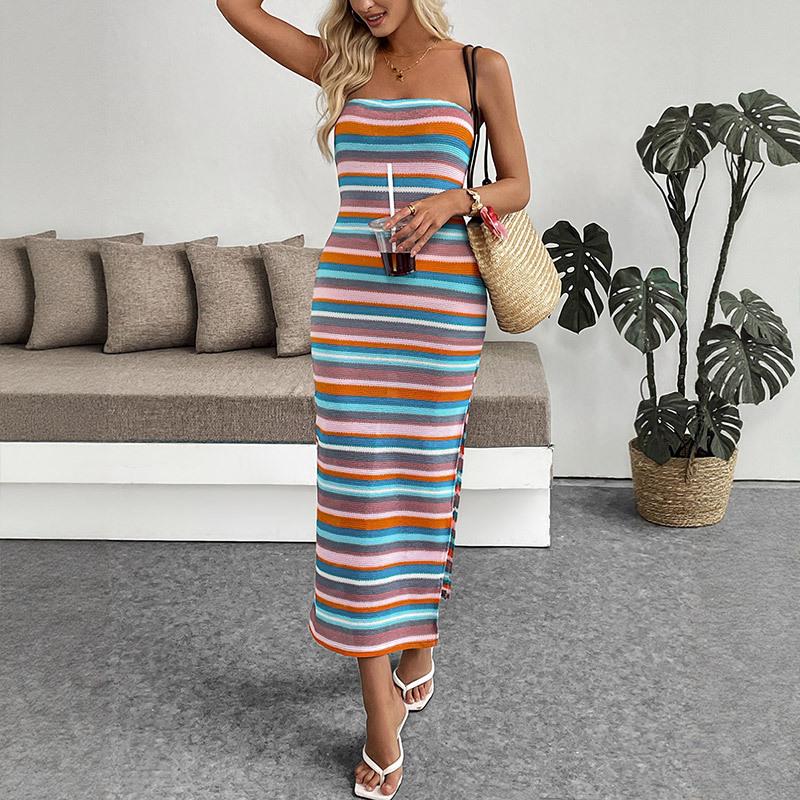 2025 New Casual Vacation Style Color Embroidered Striped Tube Top Fashion Foreign Style Dress