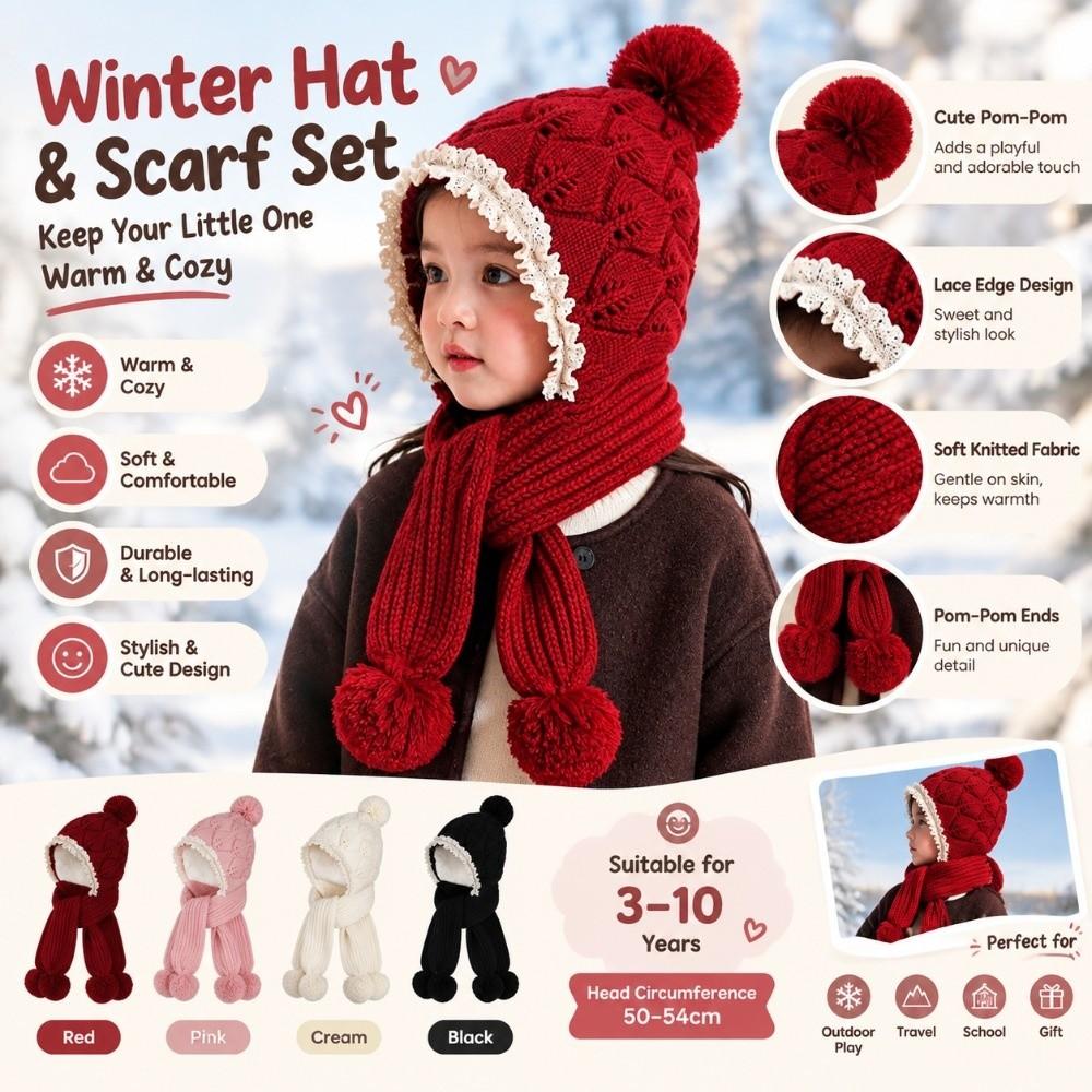 Lace Trim Integrated Winter Set Windproof Earflaps Winter Hat Soft Knitted Hat Scarf Set For Girls