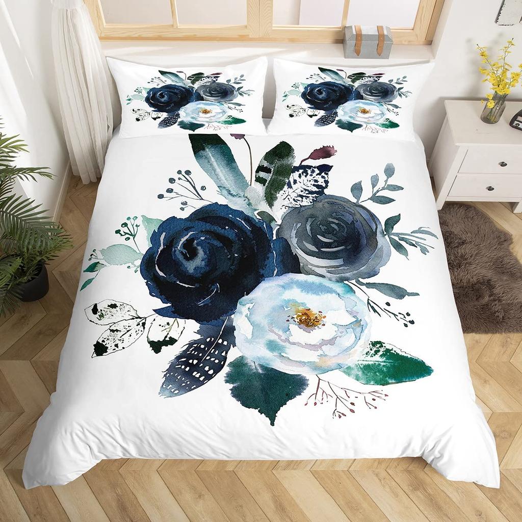 Vintage Flower King Full Queen Duvet Cover Retro Pink Floral Comforter Cover Rose Green Leaves Bedding Set Polyester Quilt Cover