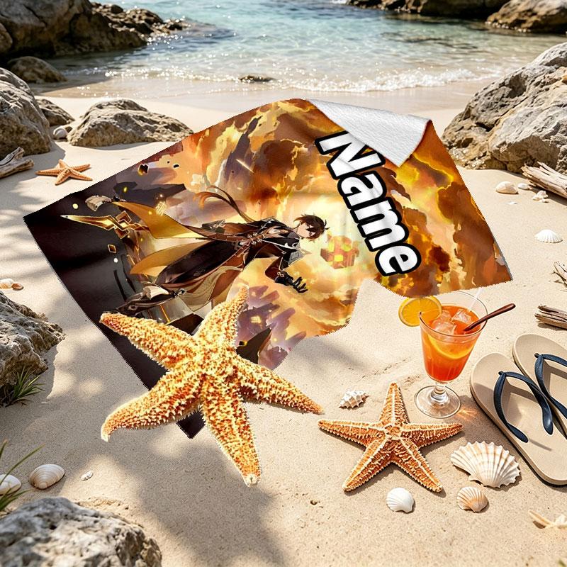 Custom Name Personalized Genshin Impact Print Beach Towel, for Trip Camping Beach Party Home Decor, Birthday Gift for Family & Friends