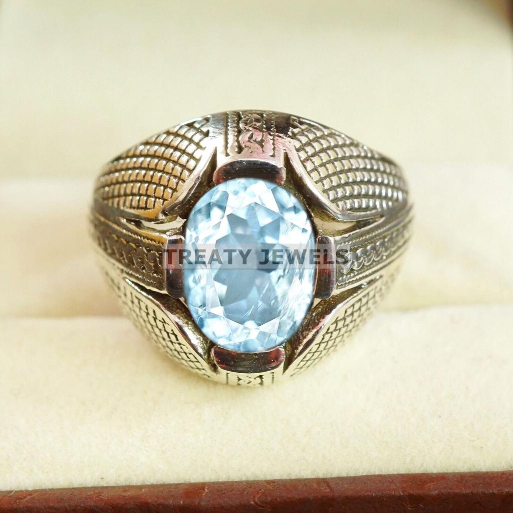 Aquamarine Oval Cut Gemstone With 925 Sterling Silver Ring For Men's #A734 JL375659034784