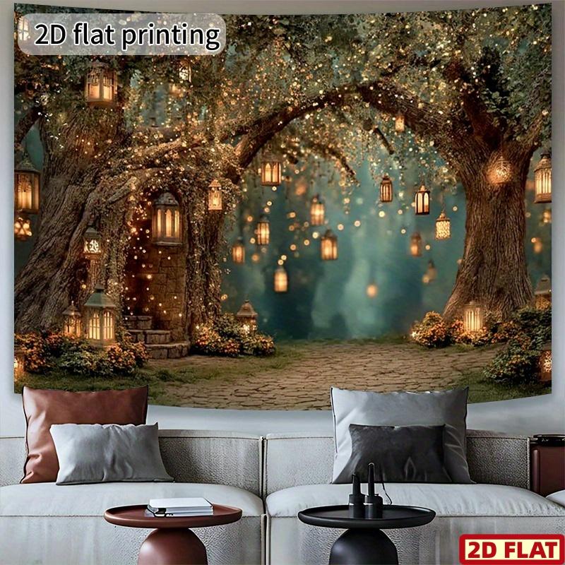 2D Flat Banner 1 Set of Psychedelic Forest Fairy Light String Banner - Magic Tree Background Cloth with Lanterns and Flowers