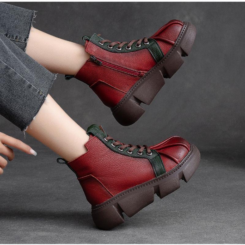 Johnature 2023 autunno inverno nuovi stivali corti retrò donna in vera pelle colori misti scarpe con plateau versatili con suola spessa