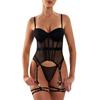 European and American sexy lingerie women's ultra-thin mesh sling leg ring perspective temptation gathering bra three-piece set