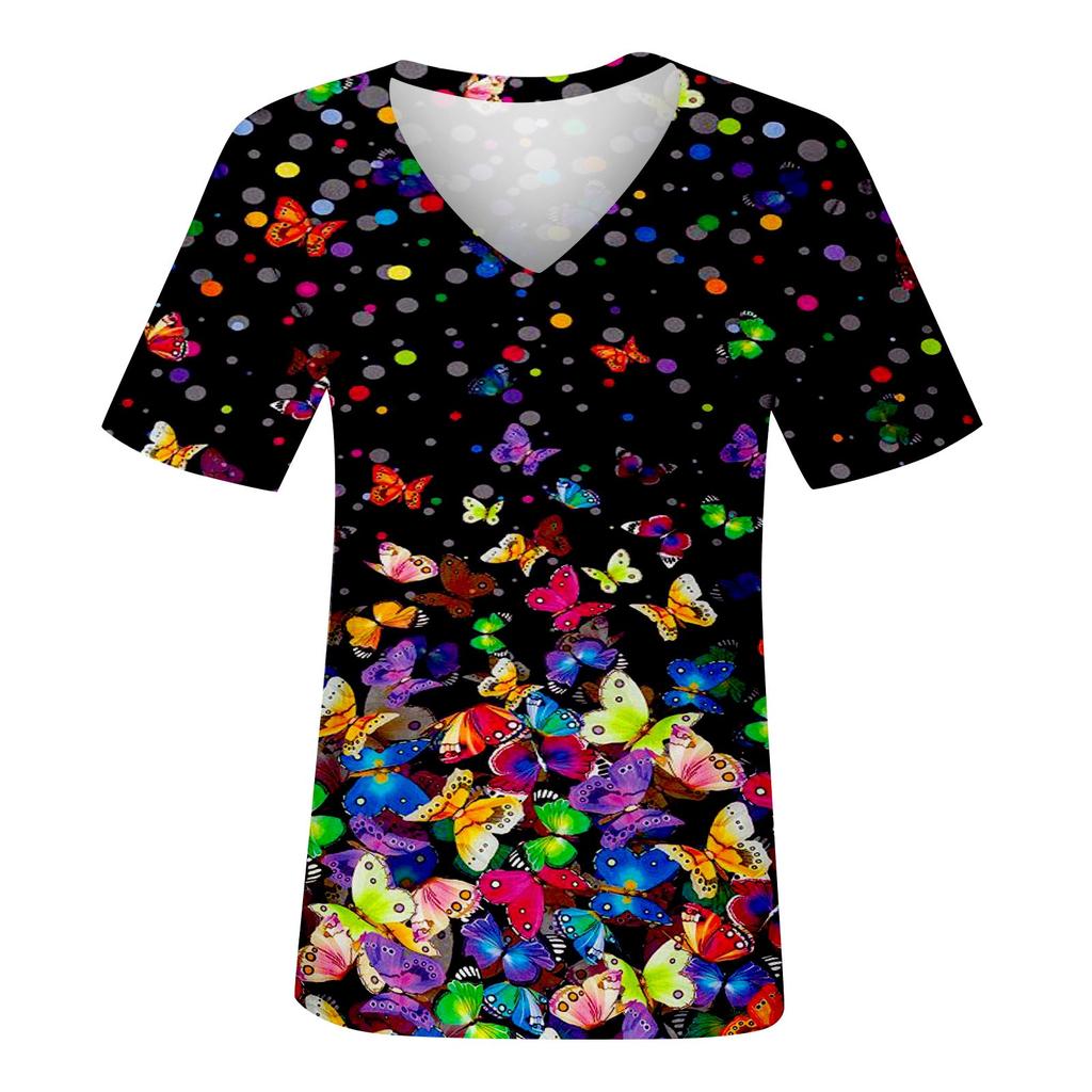 Dámské letní topy Ležérní tričko s květinovým potiskem do V s krátkým rukávem