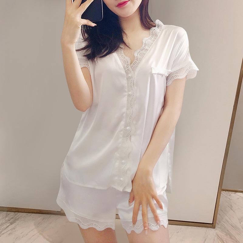 Short-Sleeved Shorts Slim-Fitting Simple Summer Pajamas Women'S Lace Court Style Princess Loungewear Can Be Worn Outside
