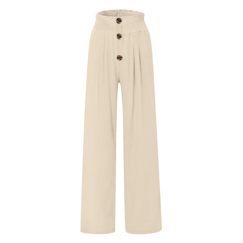 Women's Solid High Waist Loose Long Wide Leg Pants Button Trim Elasticated Casual Pants