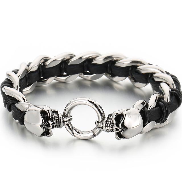 Pulsera Punk de Cuero Trenzado Lobo para Hombre Pulseras con Encanto de Mano para Hombre con Forma de Cabezas de Cráneo de Dragón Joyería de Acero Inoxidable de Lujo Gótico