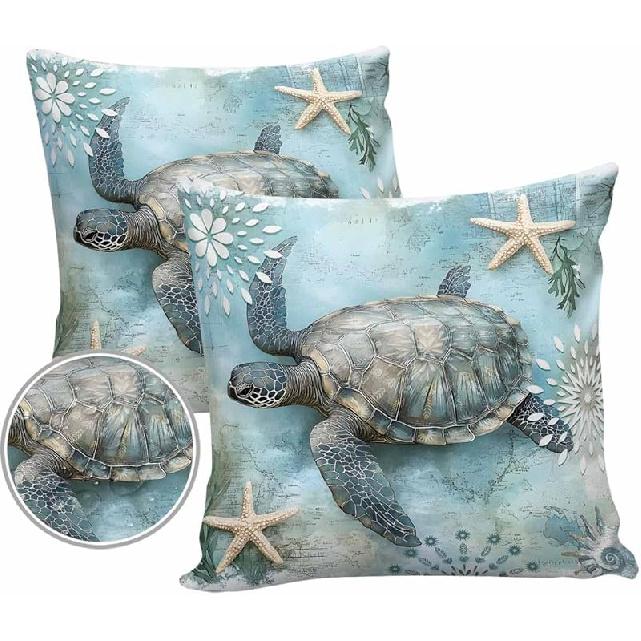 Sea Turtle Throw Pillow Covers Pack of 2,Summer Nautical Coastal Outdoor Patio Pillow Pillowcase,Blue Coral Waterproof Decorative Pillow Cover Marine 16  x 16  (Pack of 2)
