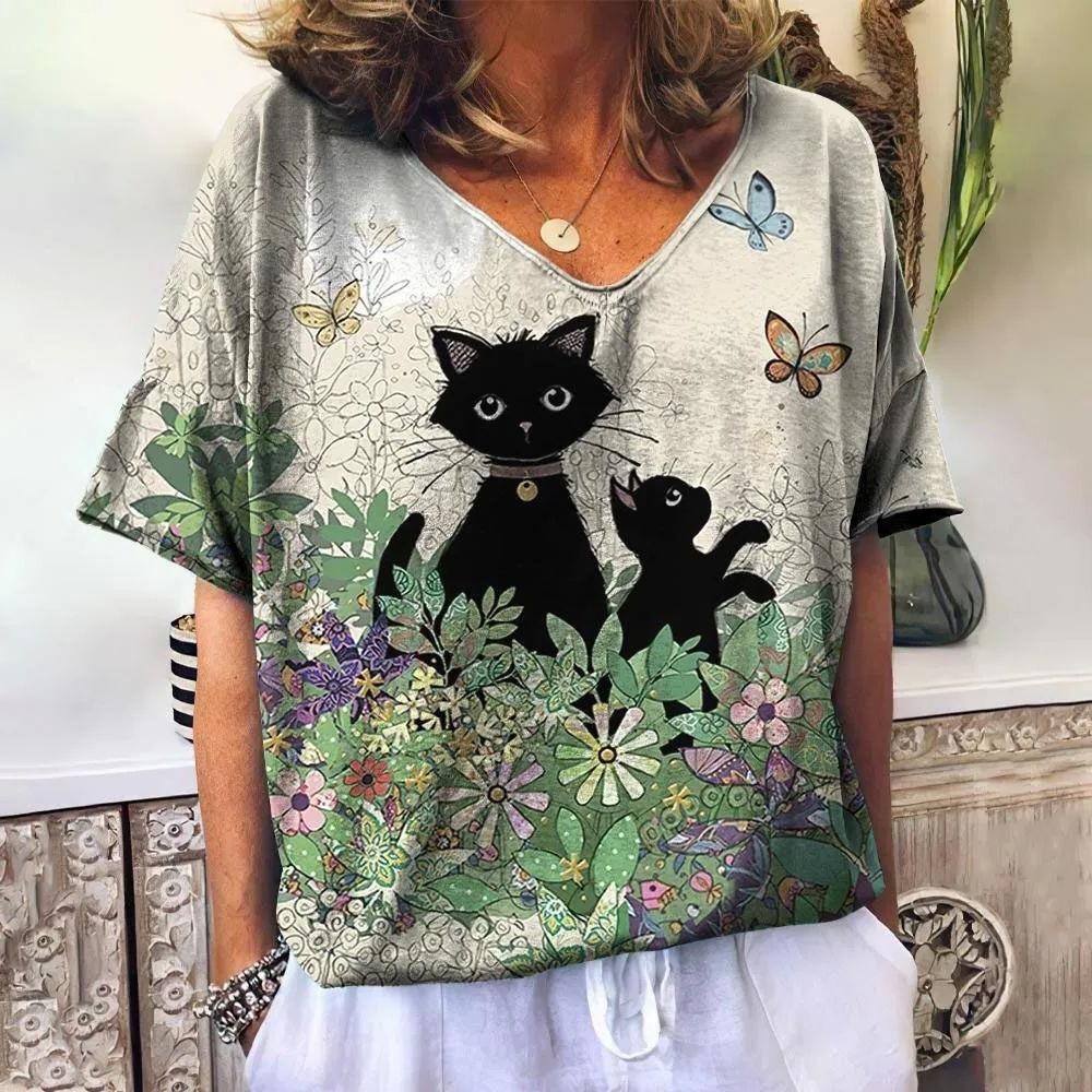 Summer V-neck 3D Cat Printed Top Fashionable Casual Short Sleeved Women's T-shirts