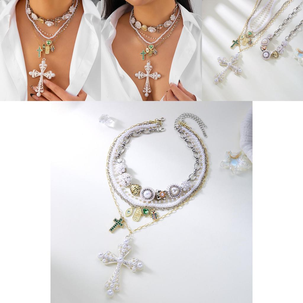 Style Layered Cross Pendant Necklace With Rhinestone Embellishments For Women