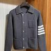 Unisex Korean-Style Cotton Knit Cardigan with Metal Zipper and Four Stripes