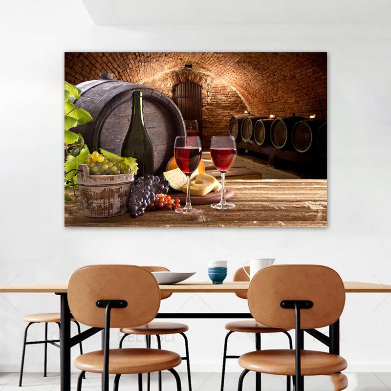 Wine Glass Bottle Posters and Prints Canvas Painting Wall Art Pictures for Dining Room Home Decor Grapes Wooden Barrel Cuadros