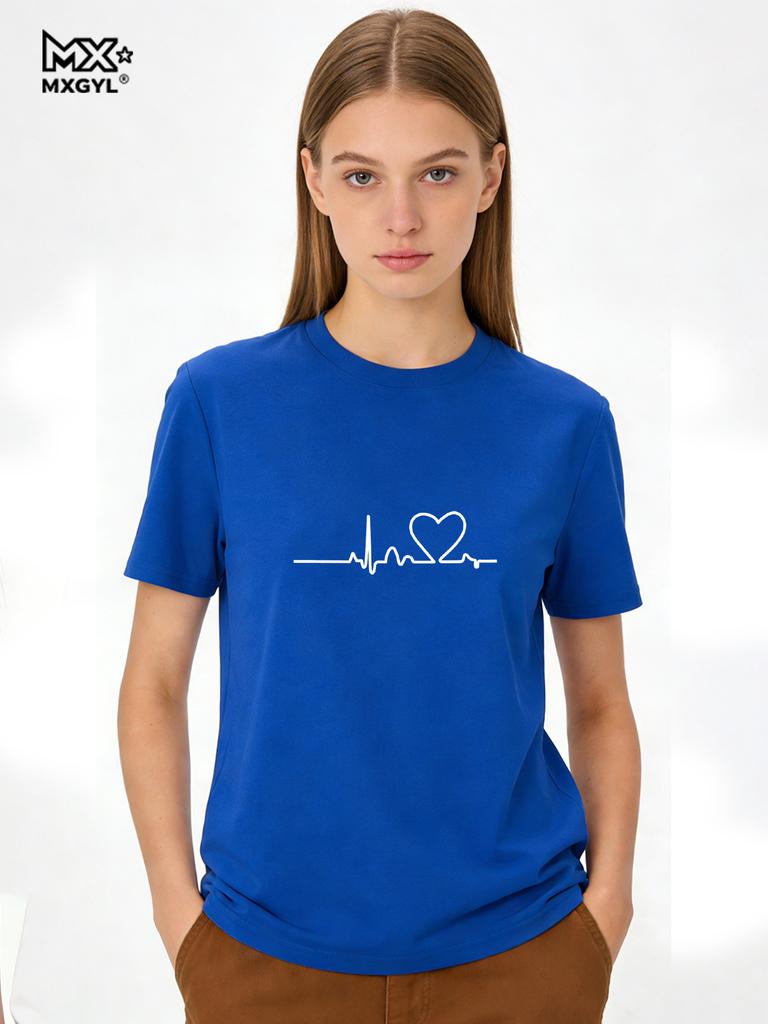 2026 Women's Love Heart Print T-Shirt, Plus Size, Electrocardiogram, Funny Woman Tee Tops, Casual Female T-shirts, Summer