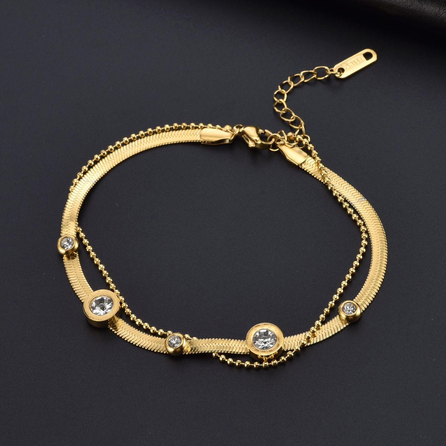 Women s Double Layer Titanium Steel Bracelet with Zirconia Beads and Snake Bone Chain