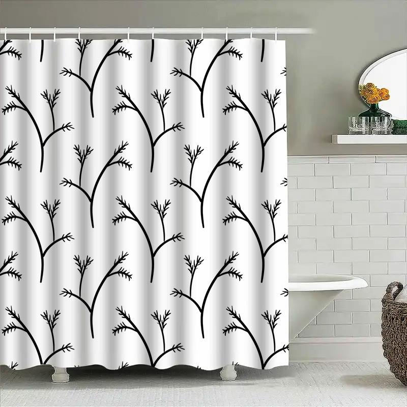 Modern Black Tree Branches Print Shower Curtain For Bathroom Decor White With Green Trim