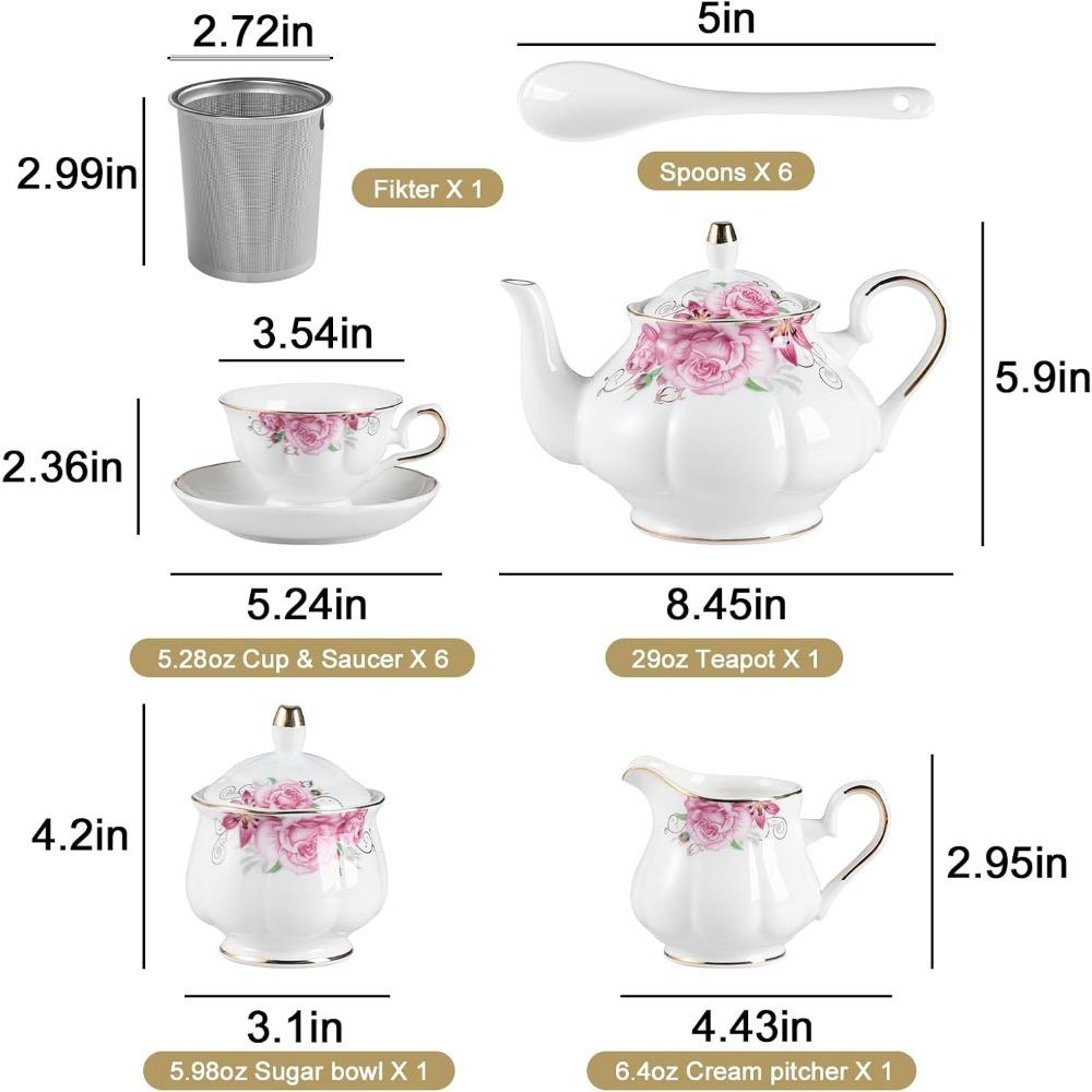 Vintage Floral Embossed Gold Teapot Cup and Saucer Set, Tea Service for 6 People, Including Teapot, Sugar Bowl, Milk Jug