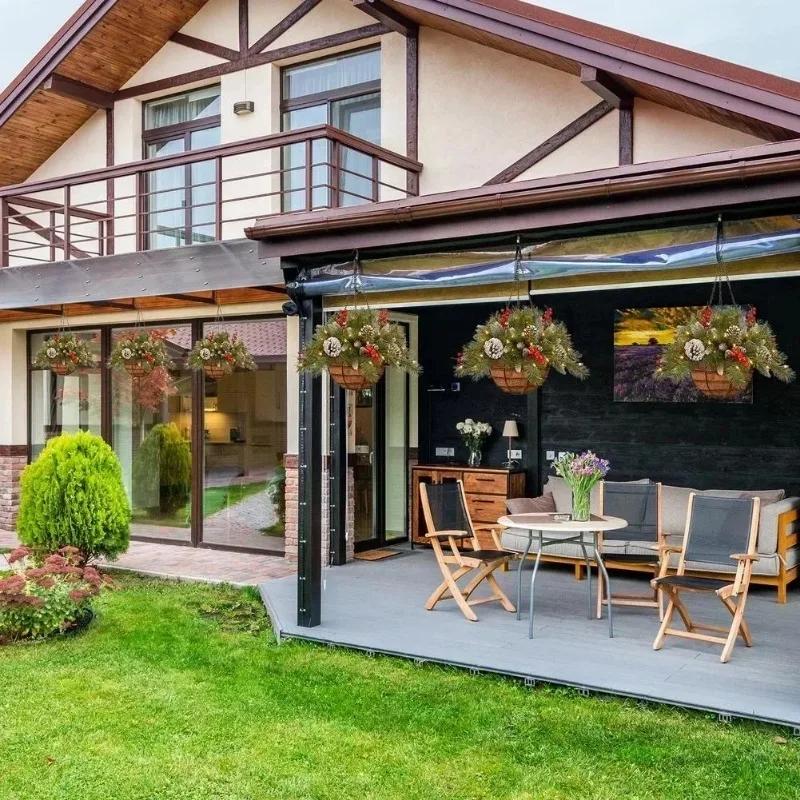 Artificial Christmas Hanging Basket Garland with White LED Light Red Berries Pine Cones Snow for Door Home DIY Decorations