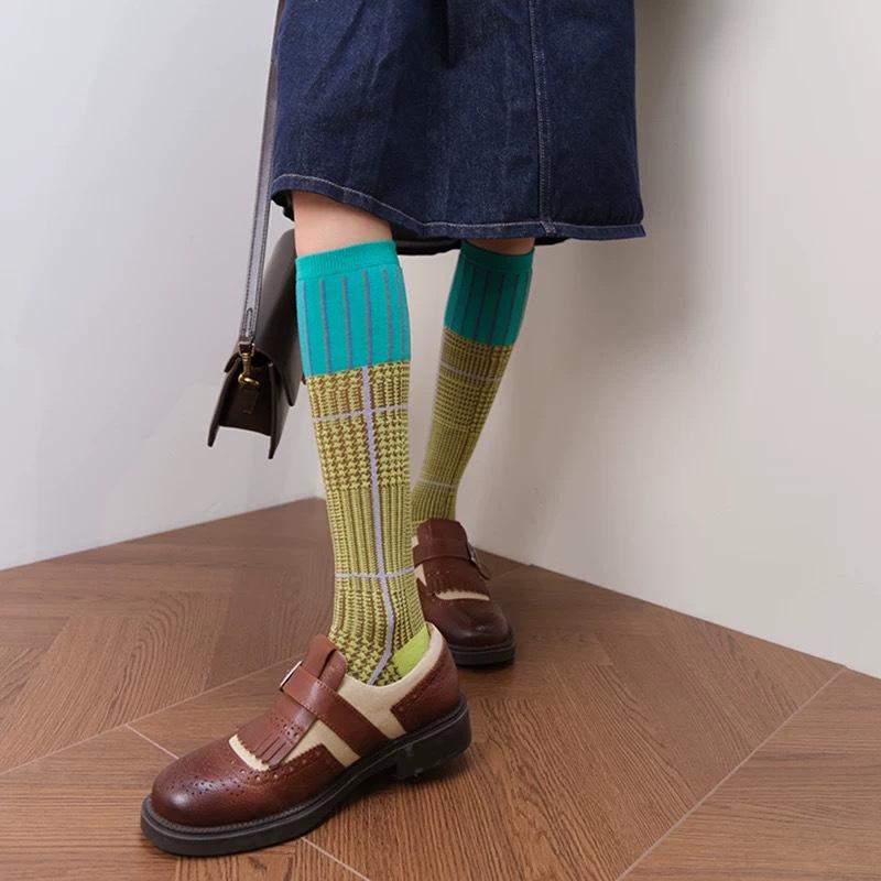 

American Neo-Retro High-Intelligence Barn Style Knee Socks Color-Matching Fine Plaid Thousand Bird Plaid Early Autumn Calf Socks One size fits all зелений