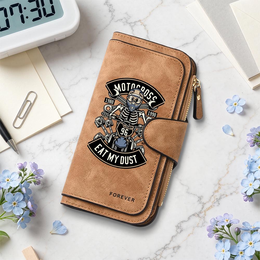 Motocross Skeleton Wallet Long Bifold Purse with Multi Card Slots Fashion Cool Leather Wallet for Motorcycle Lovers