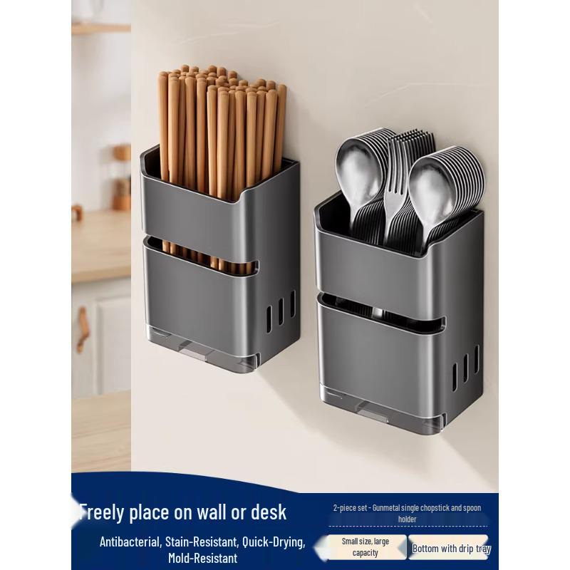 Wall-Mounted Kitchen Chopsticks & Utensil Holder with Draining Basket and Rag Rack