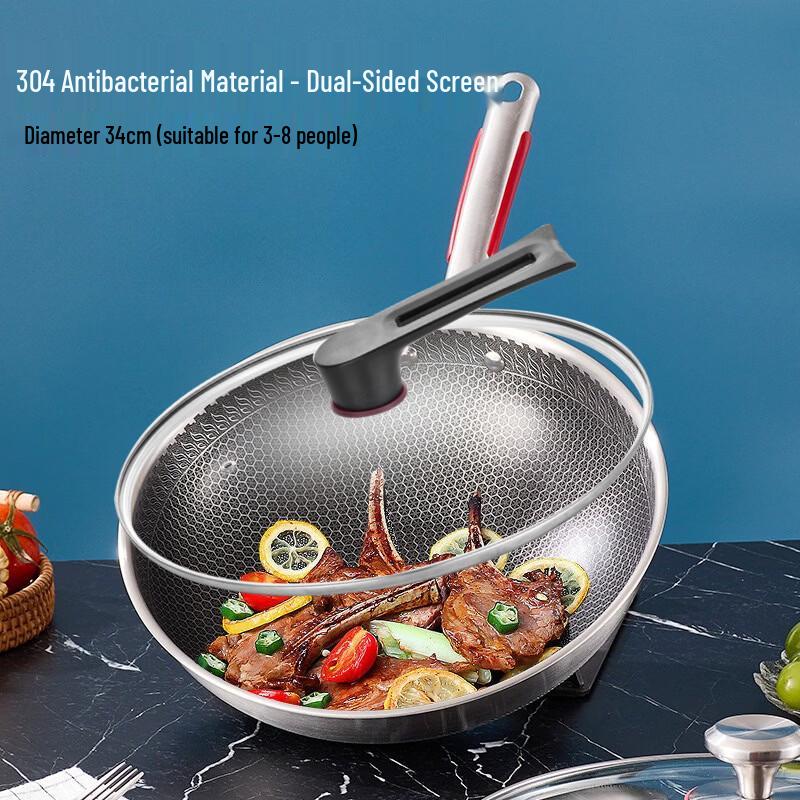 Zhi Shi 34cm 304 Stainless Steel Flat-Bottom Wok