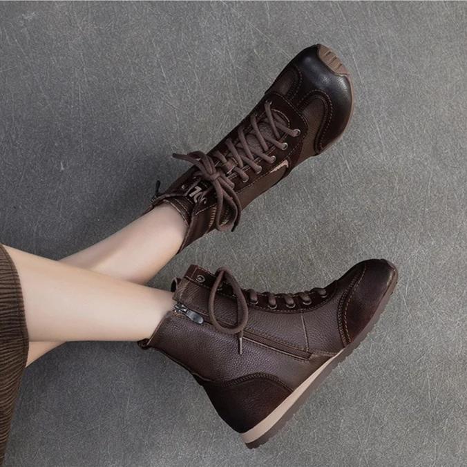 Johnature Plush Warm Retro Short Boots Genuine Leather Flat Cotton Shoes Commuter Women's Shoes