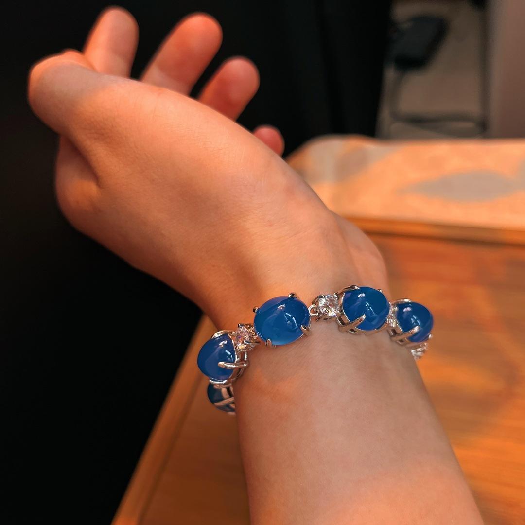Jade Blue Ice Color, Natural Blue Chalcedony Bracelet, Agate Bracelet, Real Shot.
