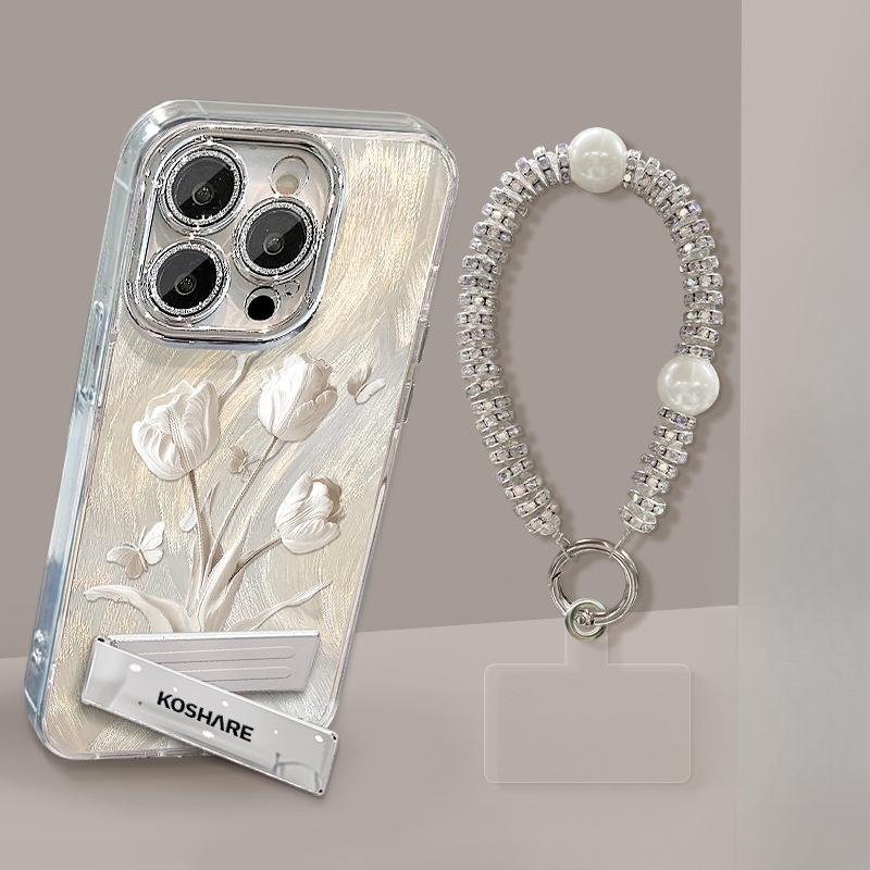 The White Tulip Chain Is Suitable for The Apple 16pro Tulle Phone Case with Bracket 15 High-end Feel 14/13 Lens Film