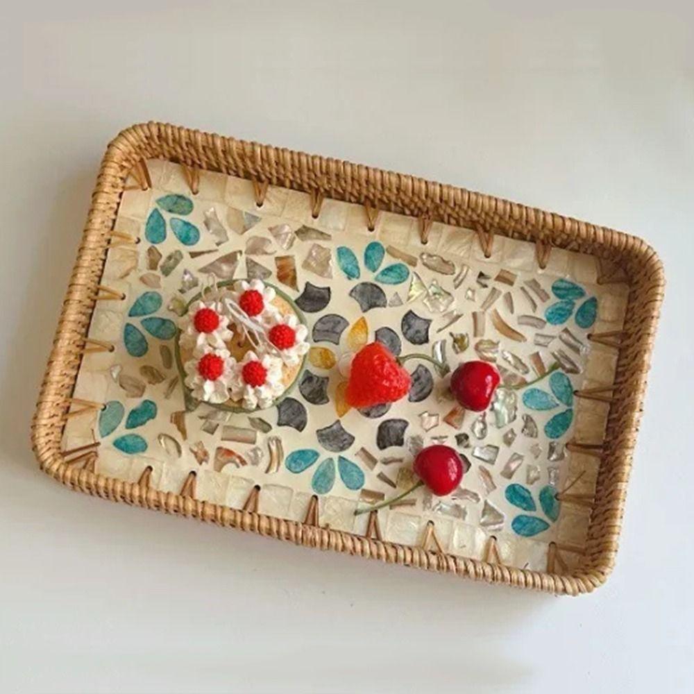 Hand Woven Rattan Shell Tray Colorful Bread Baskets Tray Splicing Shell Rattan Basket  Living Room