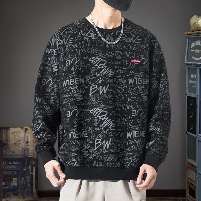 

Осенний замшевый свитер с круглым вырезом для мужчин, американский модный бренд, полный тяжелых свободных топов и пальто с длинными рукавами M чёрный