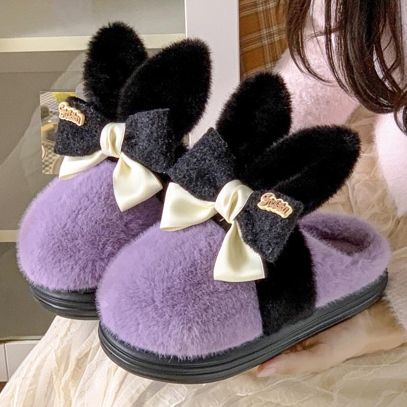 

Новые милые хлопковые тапочки с бантиком в виде кроличьих ушек, зимние домашние нескользящие теплые тапочки на толстой подошве 40-41 фиолетовый