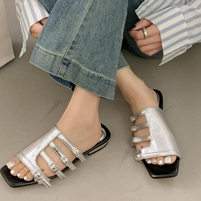 

Retro Belt Buckle Slippers Women s Outside Wear New Summer Fashion Square Head Hollow One Buckle Non-slip Open Toe Cool Mopping 40 серебряный
