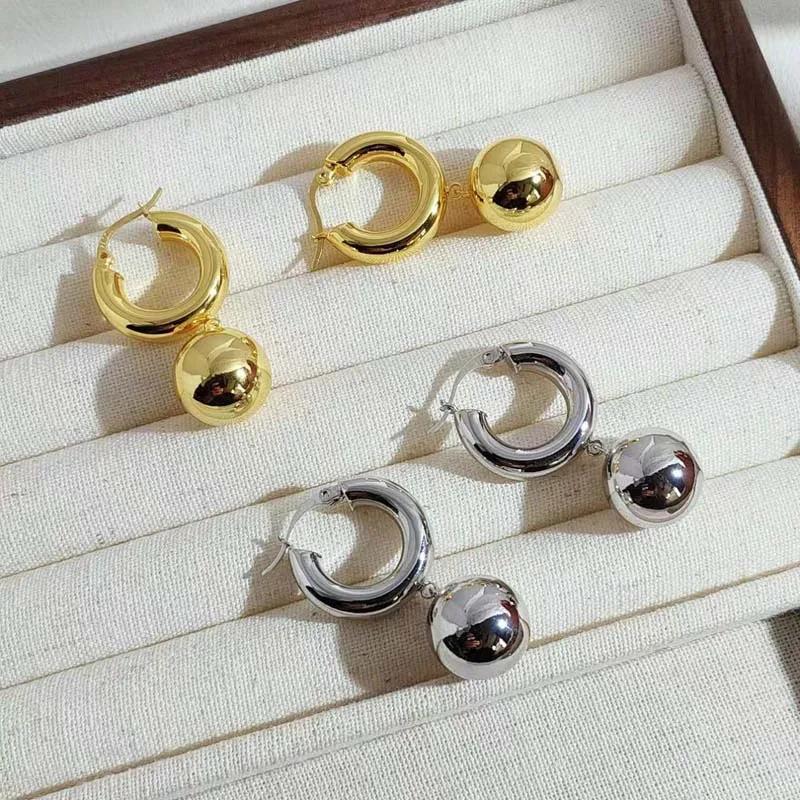 Vintage Metal Gold Color Smooth Ball Drop Earrings For Women Girl Minimalist Stainless Steel Hoop Earrings Jewelry Gifts