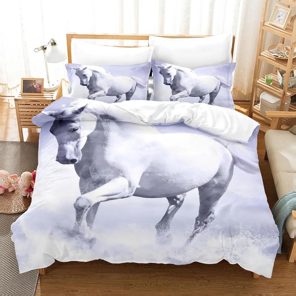 Horse Duvet Cover Set White and Brown Horse Print Bedding Set Wild Animal Pattern Farmhouse Cowboys Queen Polyester Quilt Cover