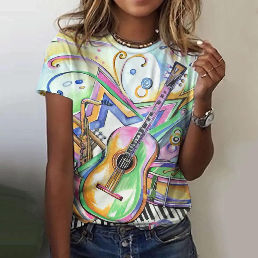 Women's Oversize T-Shirt 3d T-Shirt With Guitars Print Summrt O-Neck Short Sleeve Tops Rock Tee Streetwear Y2k Female Clothing
